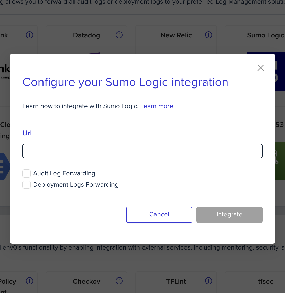 Log forwarding integration configuration form showing setup fields