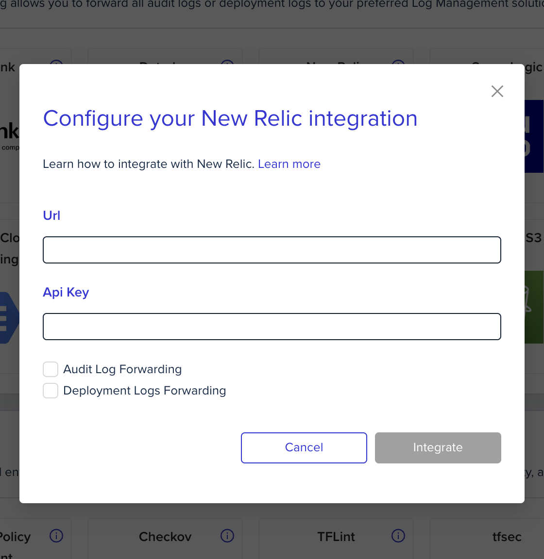 Log forwarding integration configuration form showing setup fields