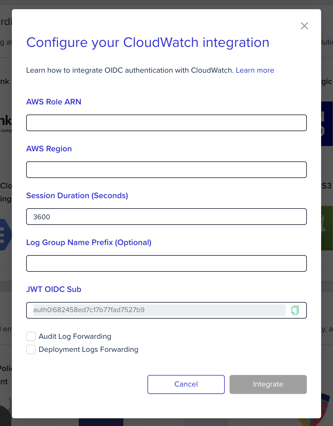 Log forwarding integration configuration form showing setup fields