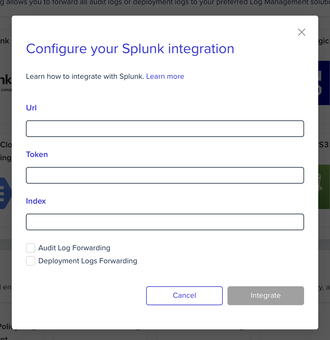 Splunk integration configuration form showing fields for Splunk setup in env0 organization