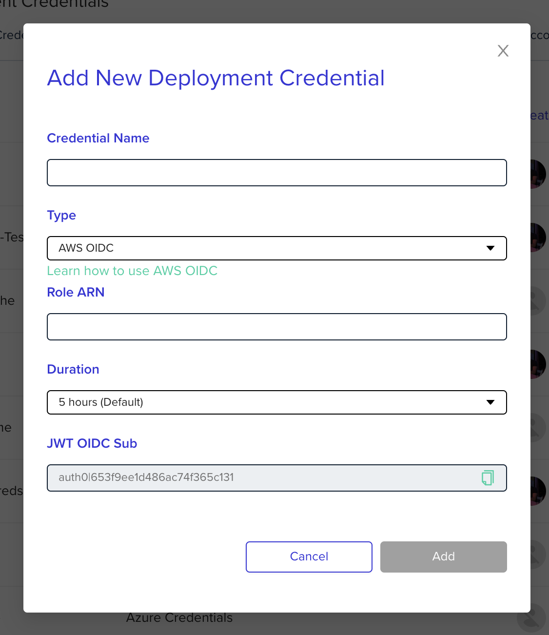 AWS OIDC deployment credential configuration form showing Role ARN and Duration fields