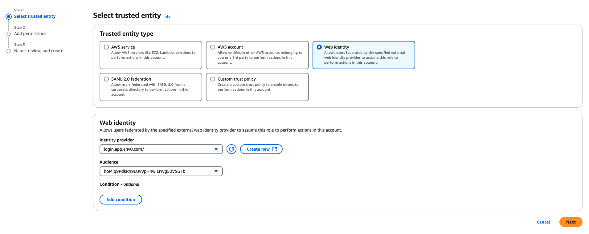 AWS IAM role creation interface showing role name and description fields