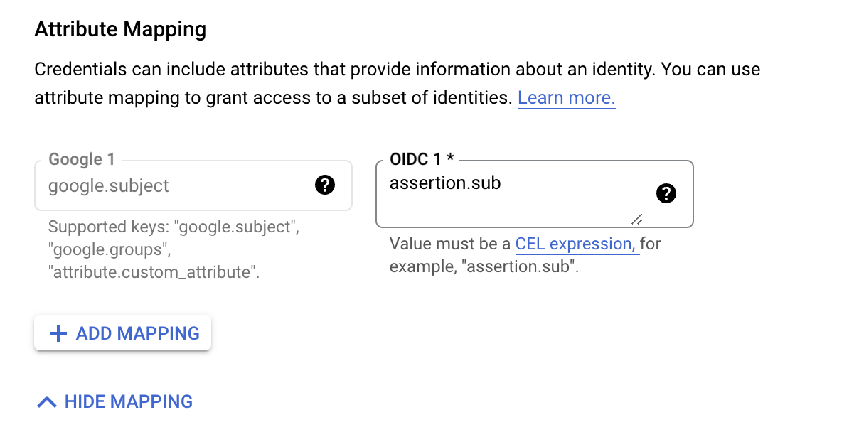 Google Cloud attribute mapping configuration showing OIDC assertion mapping settings