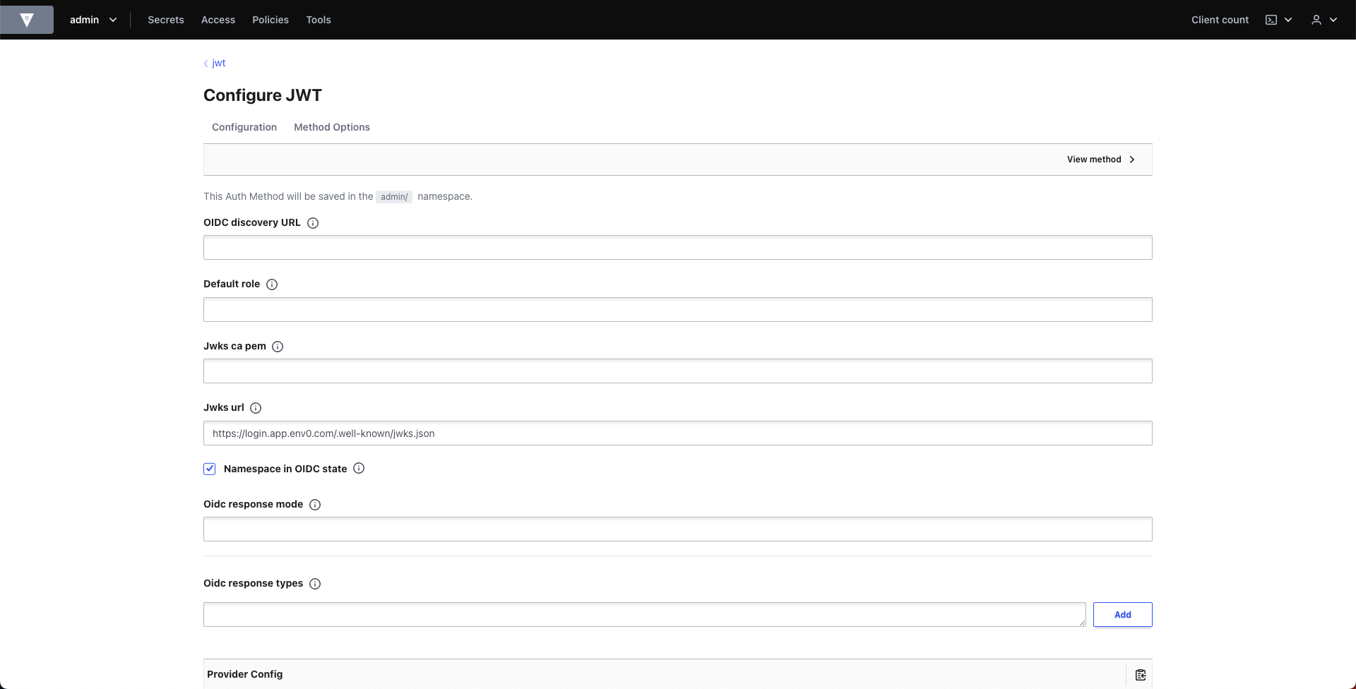 Vault JWT configuration interface showing OIDC authentication setup