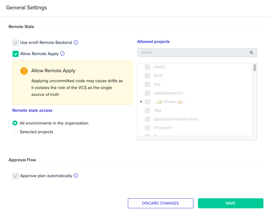 Remote Apply configuration interface showing how to enable remote apply for a specific environment