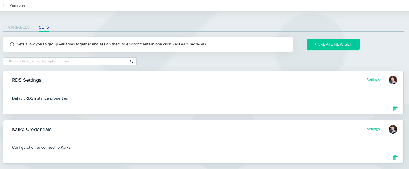 Variable Sets creation interface showing the SETS tab with CREATE NEW SET button