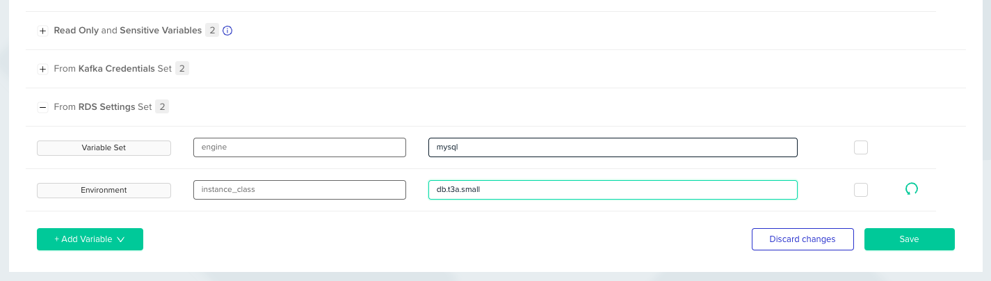 Variable Set override interface showing how to edit variable values within a Variable Set group