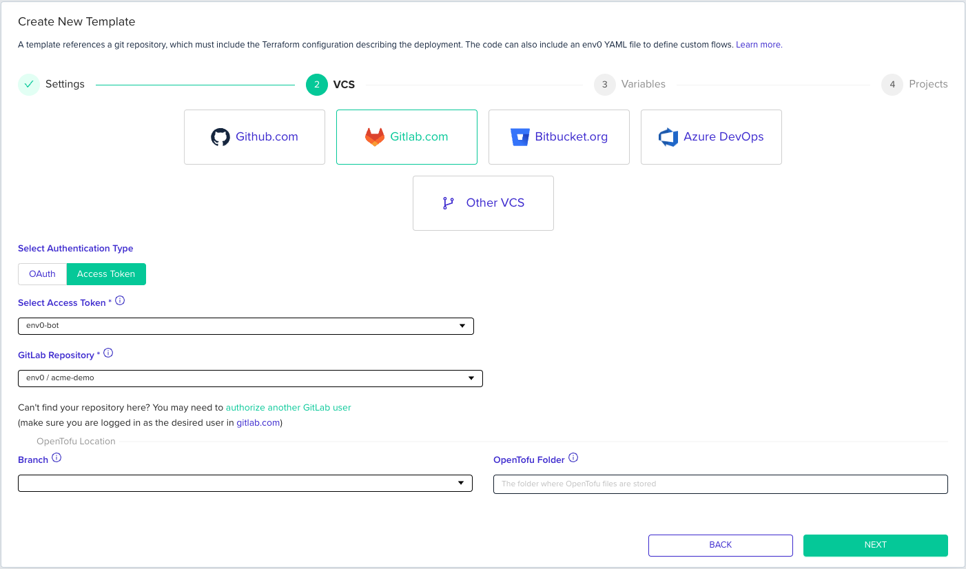 GitLab Access Token configuration showing token input and repository selection