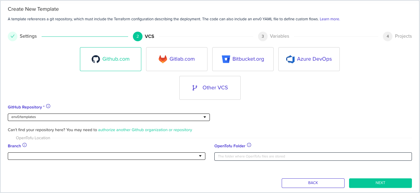 GitHub VCS configuration showing repository picker, Branch field, and Terraform Folder input