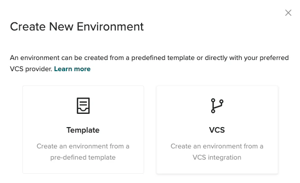 Create New Environment dialog showing Template option (create from a pre-defined template) and VCS option (create from a VCS integration)