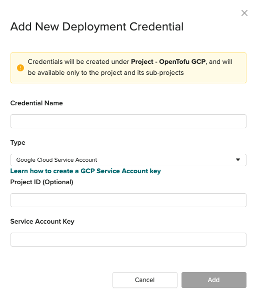 Add New Deployment Credential dialog showing GCP Credentials type selected, with Credential Name, Project ID (Optional), and Service Account Key fields