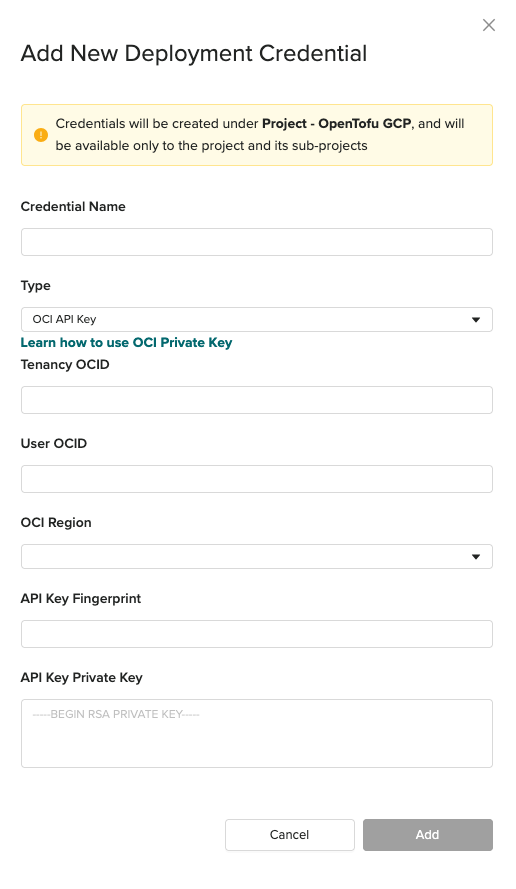 OCI API Key credential form showing Tenancy OCID, User OCID, OCI Region, API Key Fingerprint, and API Key Private Key fields