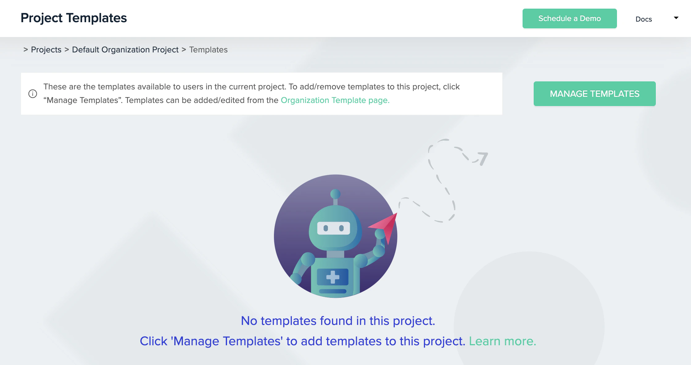 Project templates page navigation