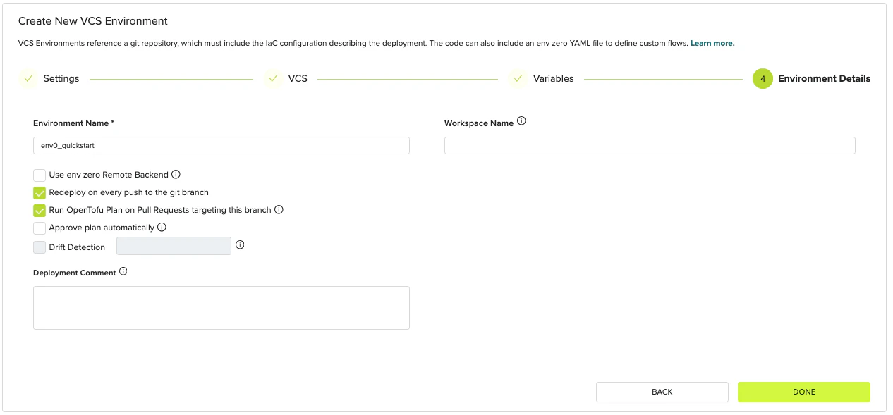 Create New VCS Environment wizard showing the Environment Details step with Environment Name field and options for Remote Backend, auto-redeploy on push, plan on pull requests, auto-approve, drift detection, and deployment comment