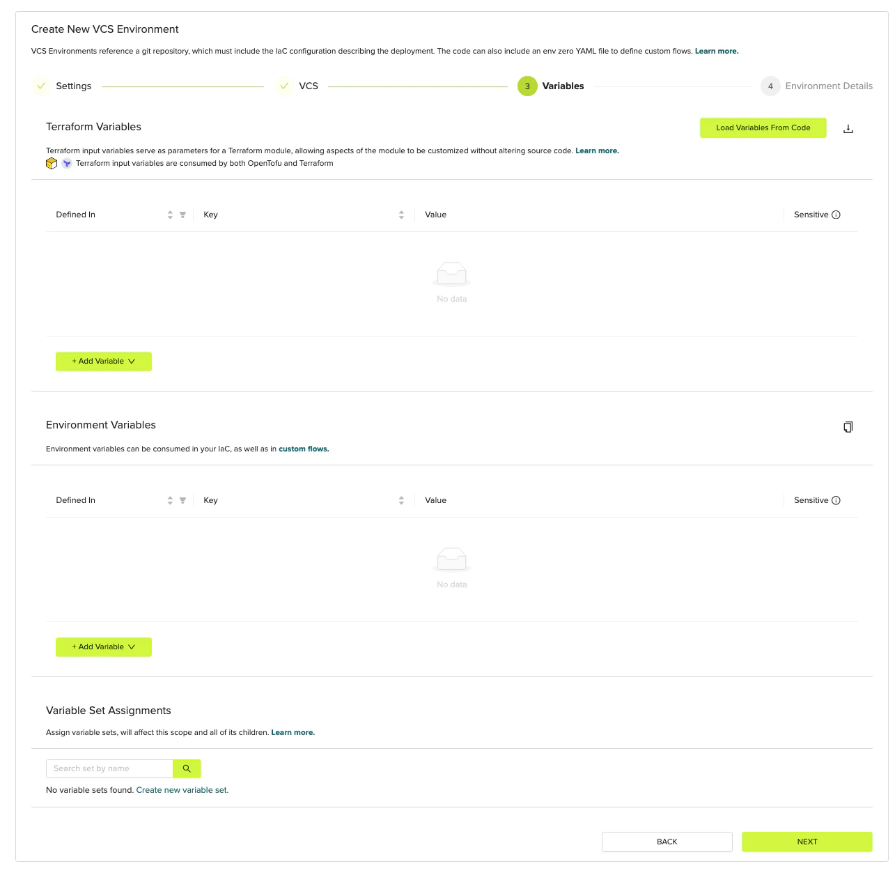 Variables step showing Terraform Variables table, Environment Variables table, and Variable Set Assignments section, each with an Add Variable button