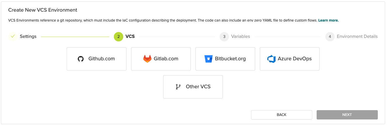 VCS provider selection showing Github.com, Gitlab.com, Bitbucket.org, Azure DevOps, and Other VCS options