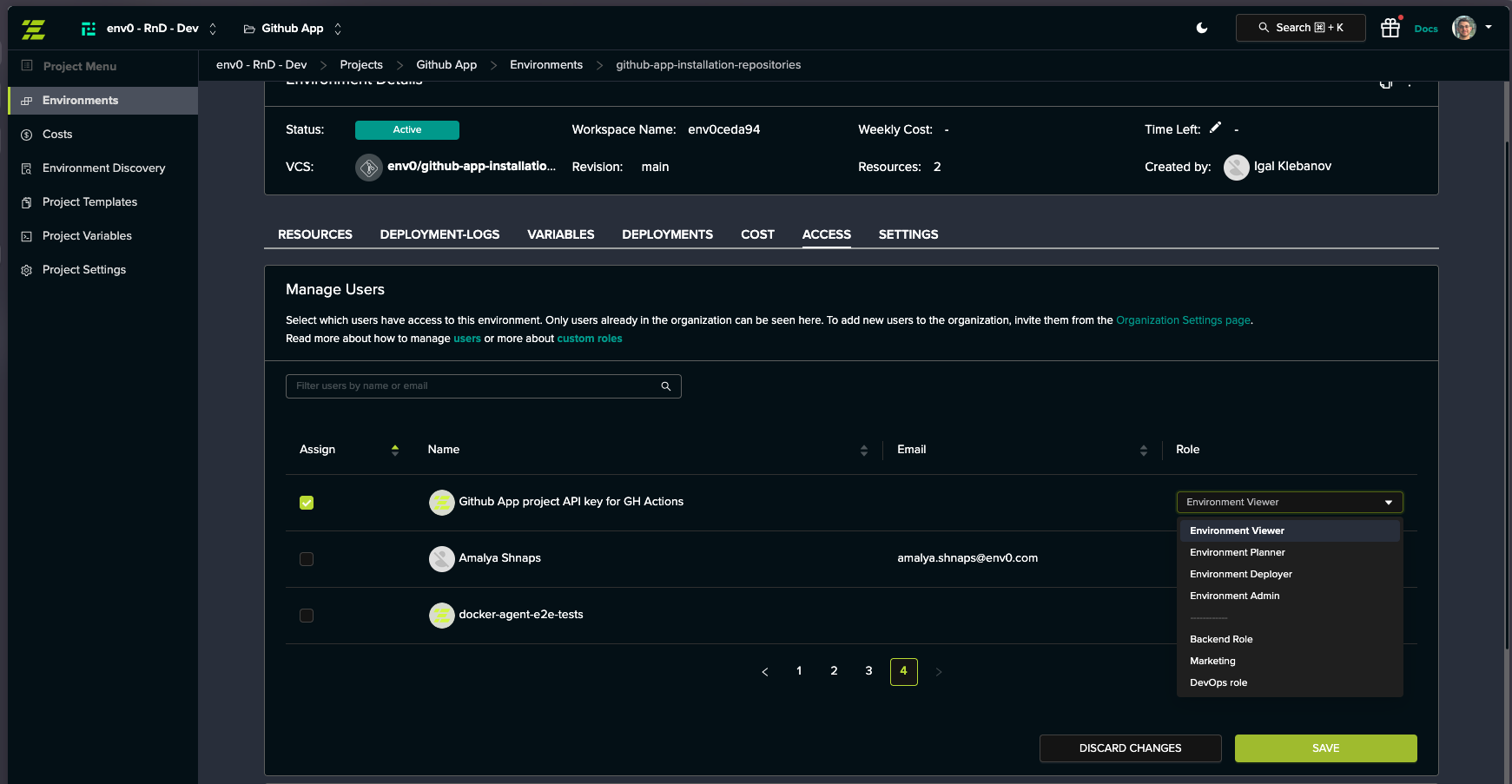 Environment User Role Assignment