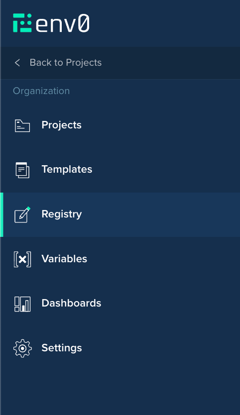 Private registry menu interface showing module management options