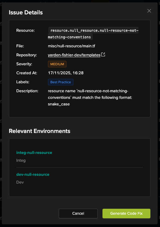 Detailed view of an issue showing the resource, file, repository, severity, and relevant environments
