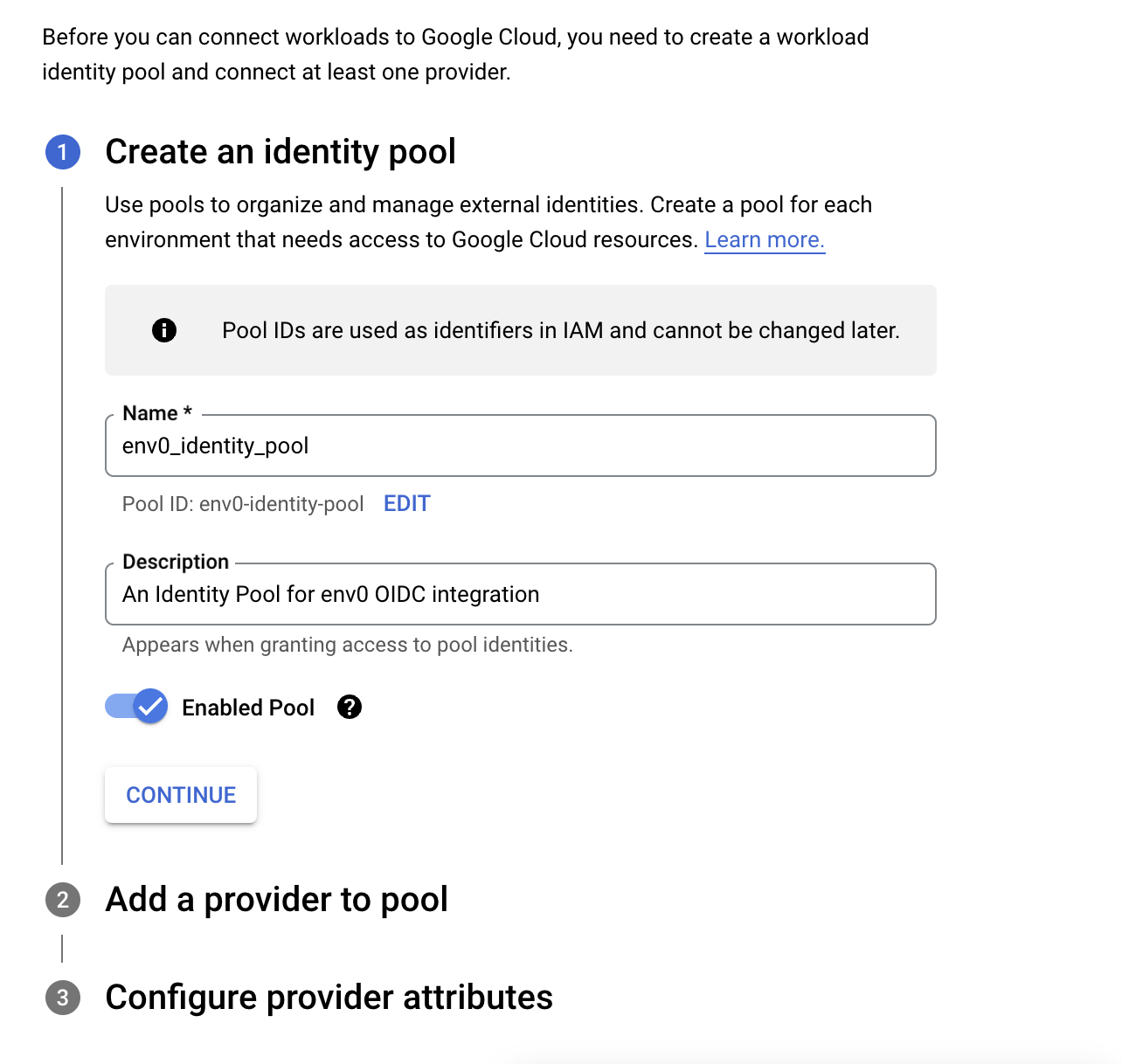 Google Cloud Identity Pool configuration interface showing OIDC provider setup
