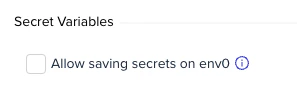 Organization Policies page showing the Allow storing secrets in env zero toggle