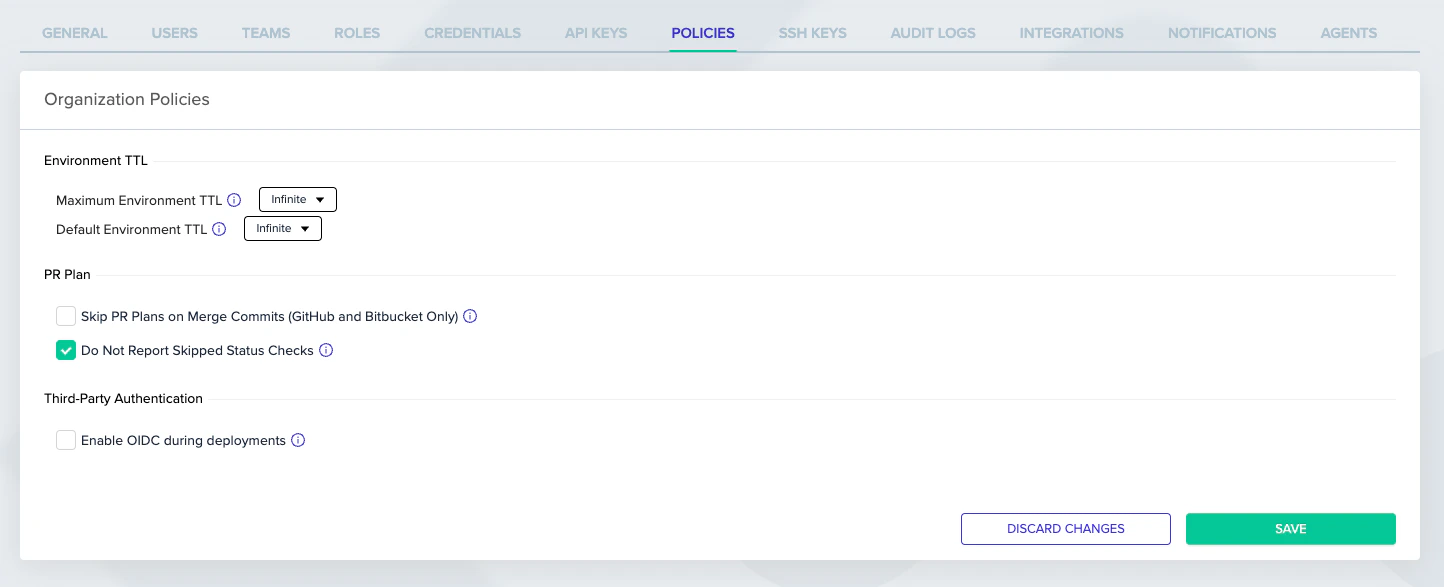 Organization Settings Policies page showing the Do not report skipped status checks toggle
