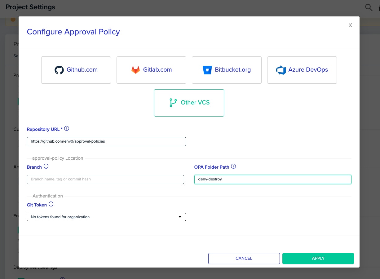 Approval policy configuration interface showing policy setup and validation options