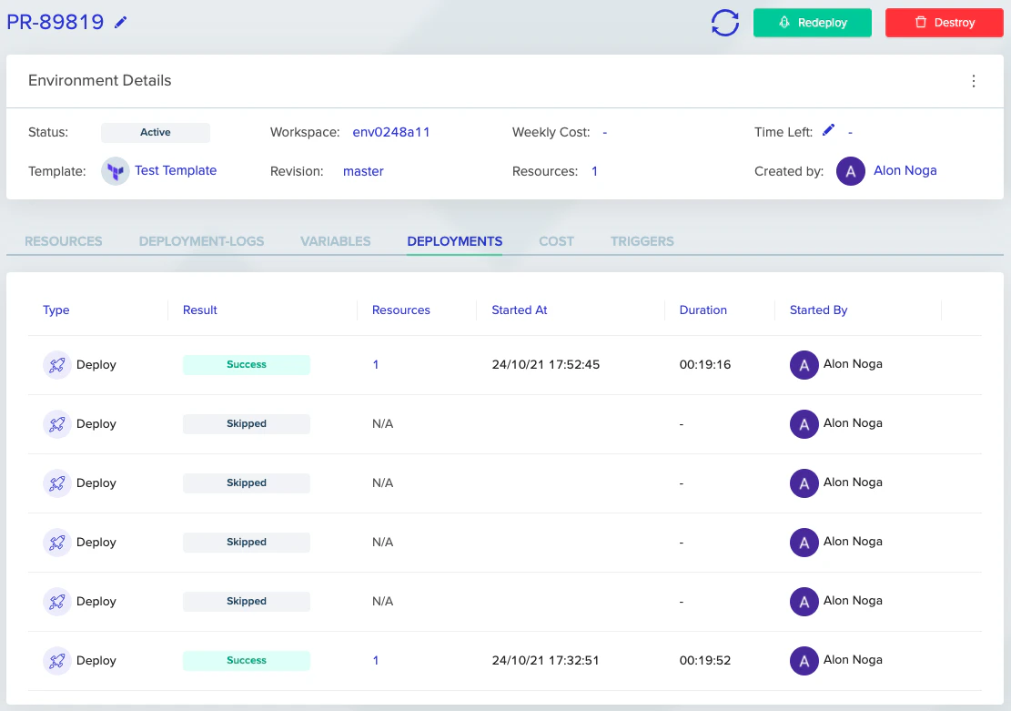 Deployment history showing four skipped deployments saving approximately 80 minutes of queue time