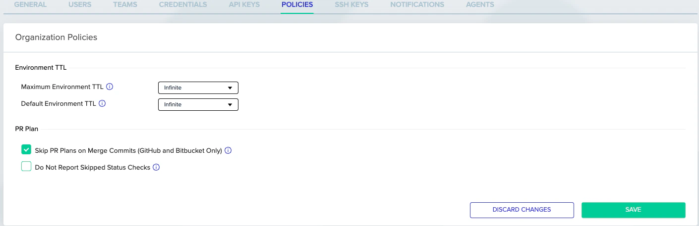 Organization settings policies configuration