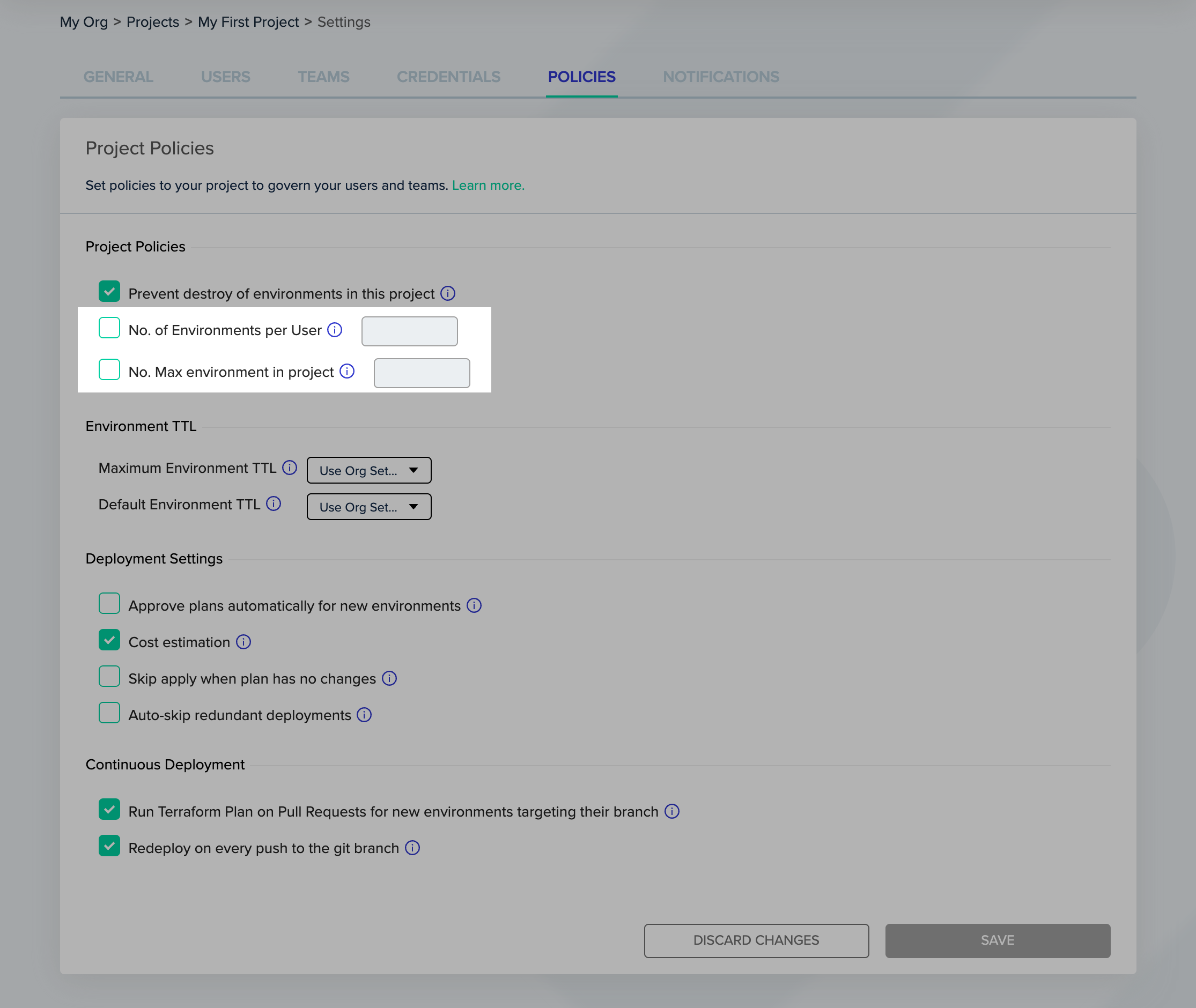 Project settings environment limits configuration