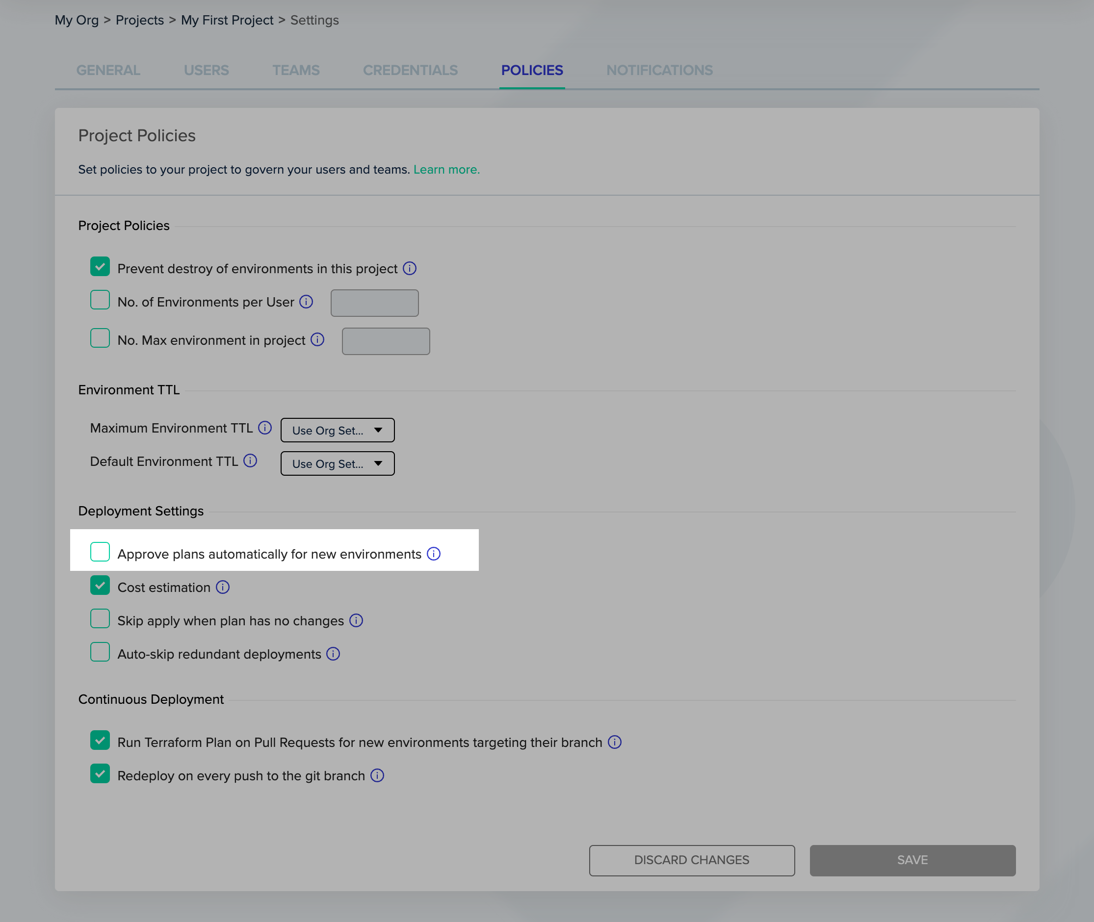 Project settings policies auto-approve configuration