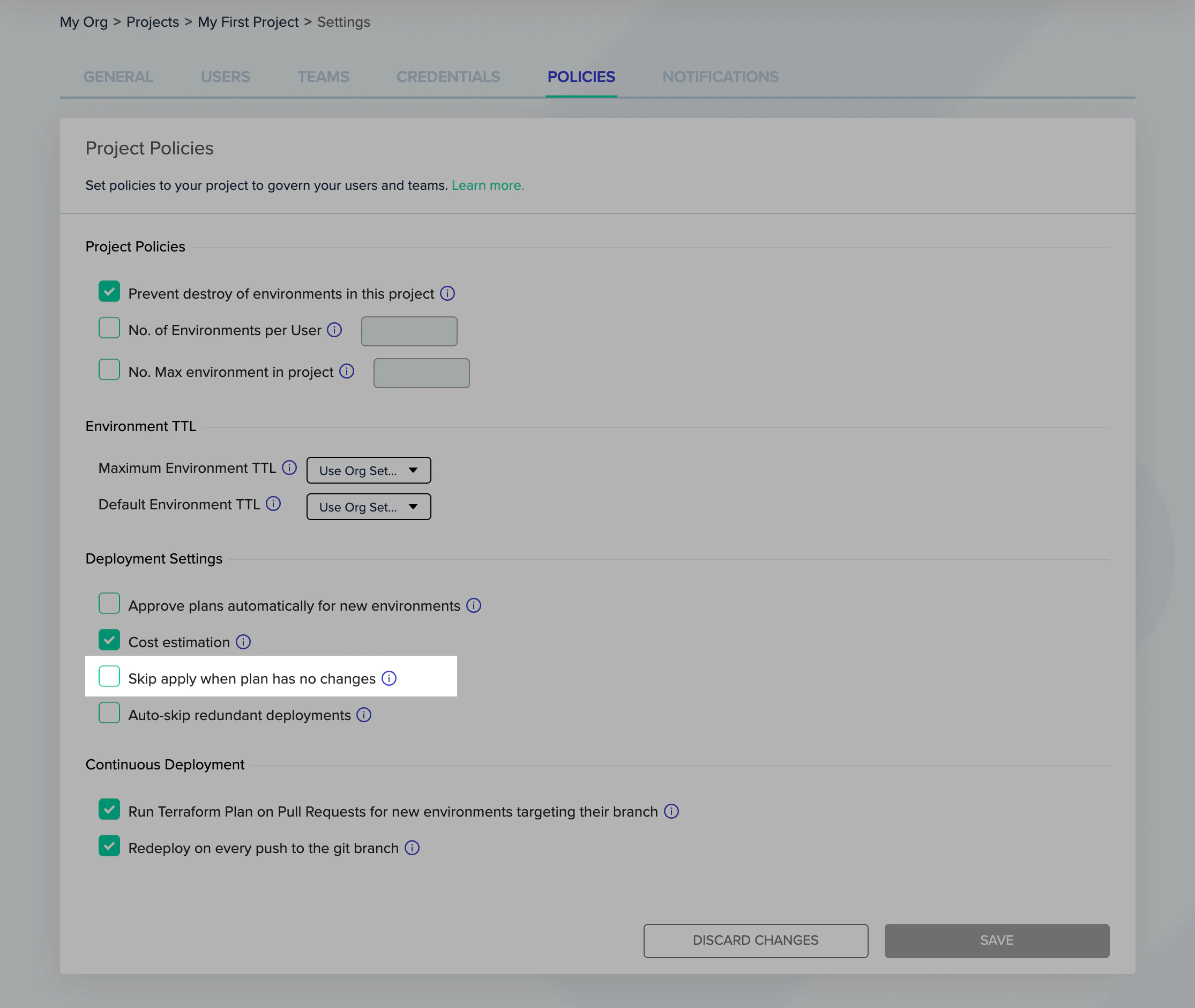 Project settings policies skip apply configuration