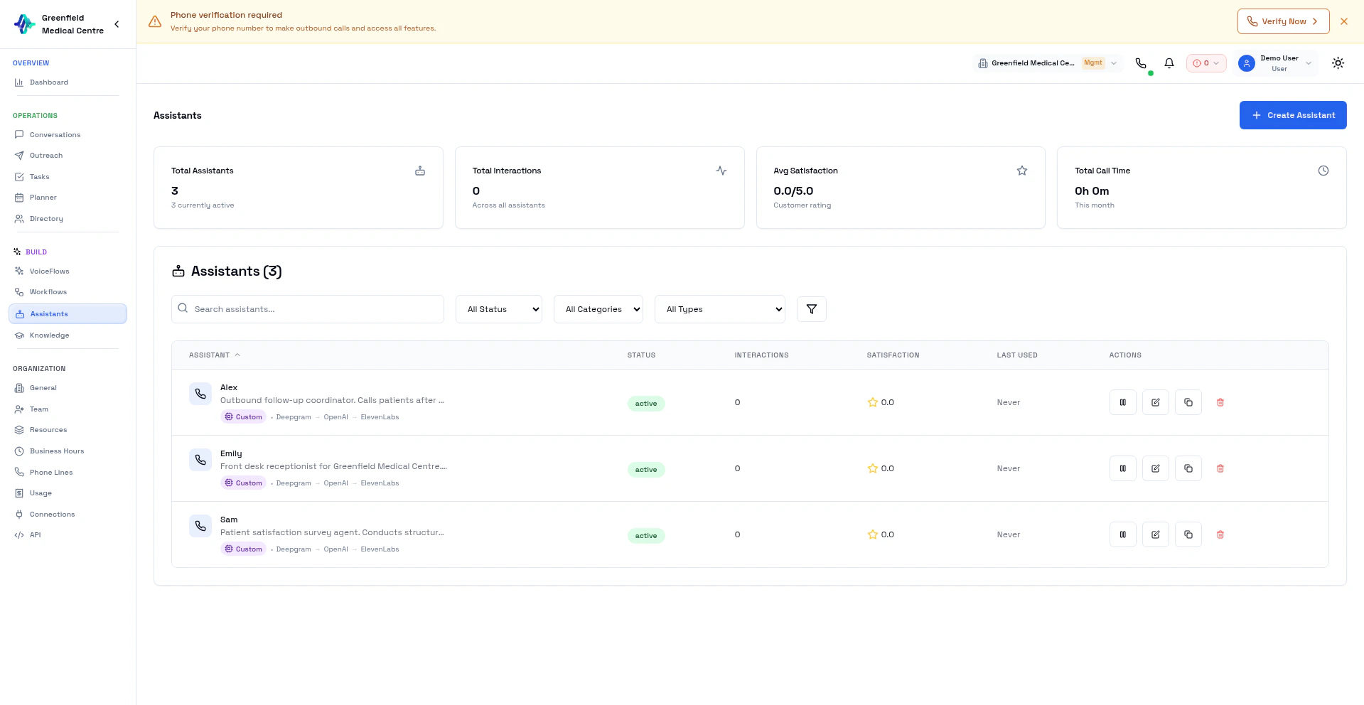 AI Assistants page showing voice agent cards