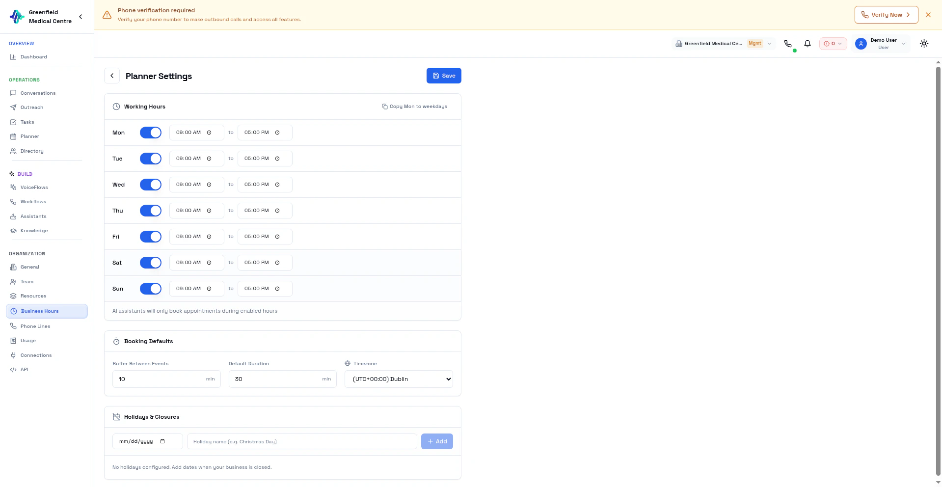 Business Hours settings — working hours, booking defaults, timezone, and holidays
