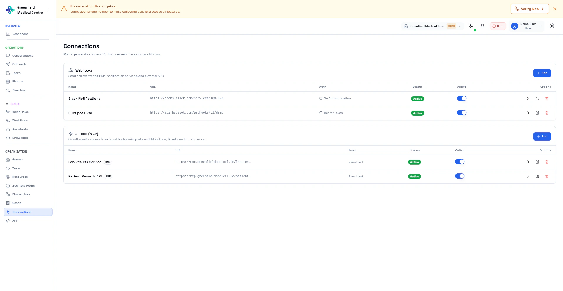 Connections page for webhooks and MCP server integrations