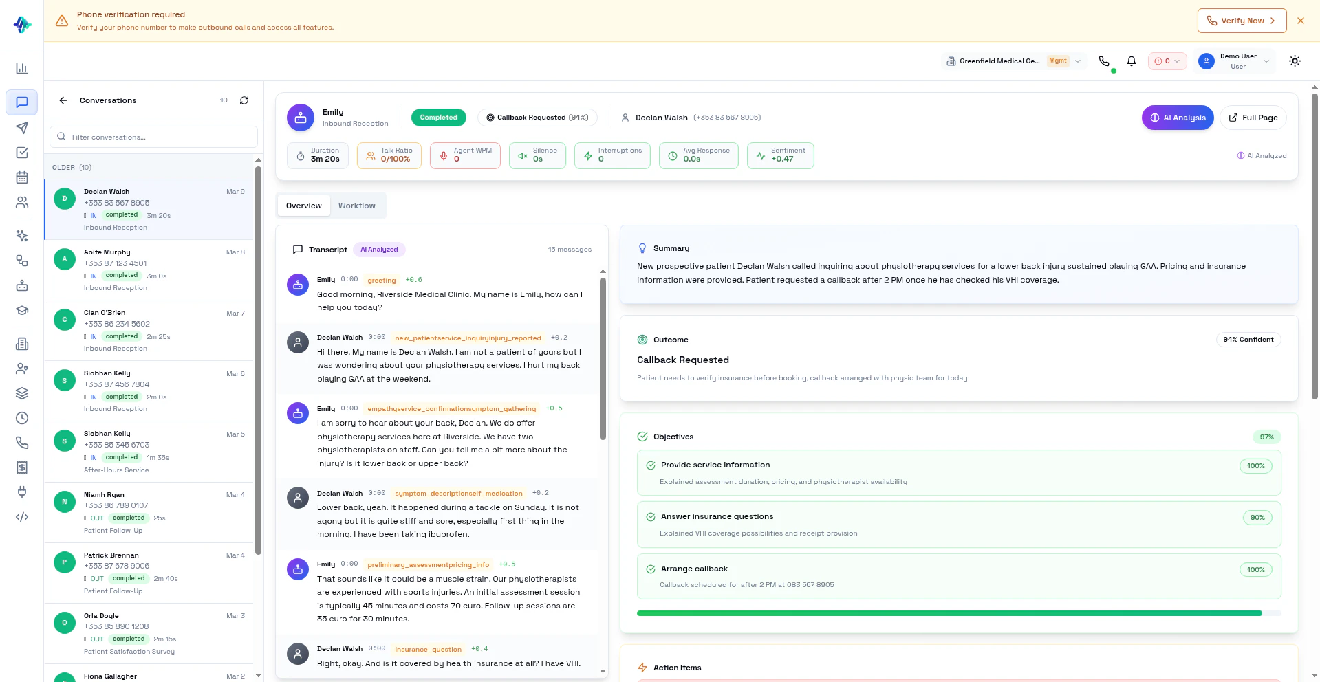 Conversation detail view showing transcript and AI analysis
