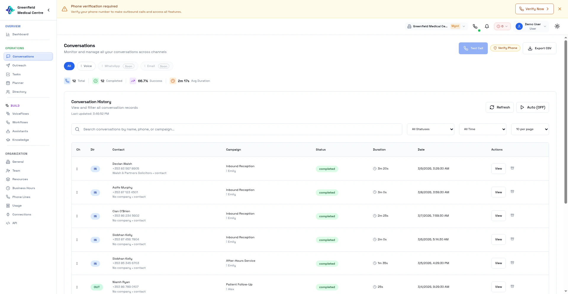 Conversations page showing call history with AI analysis