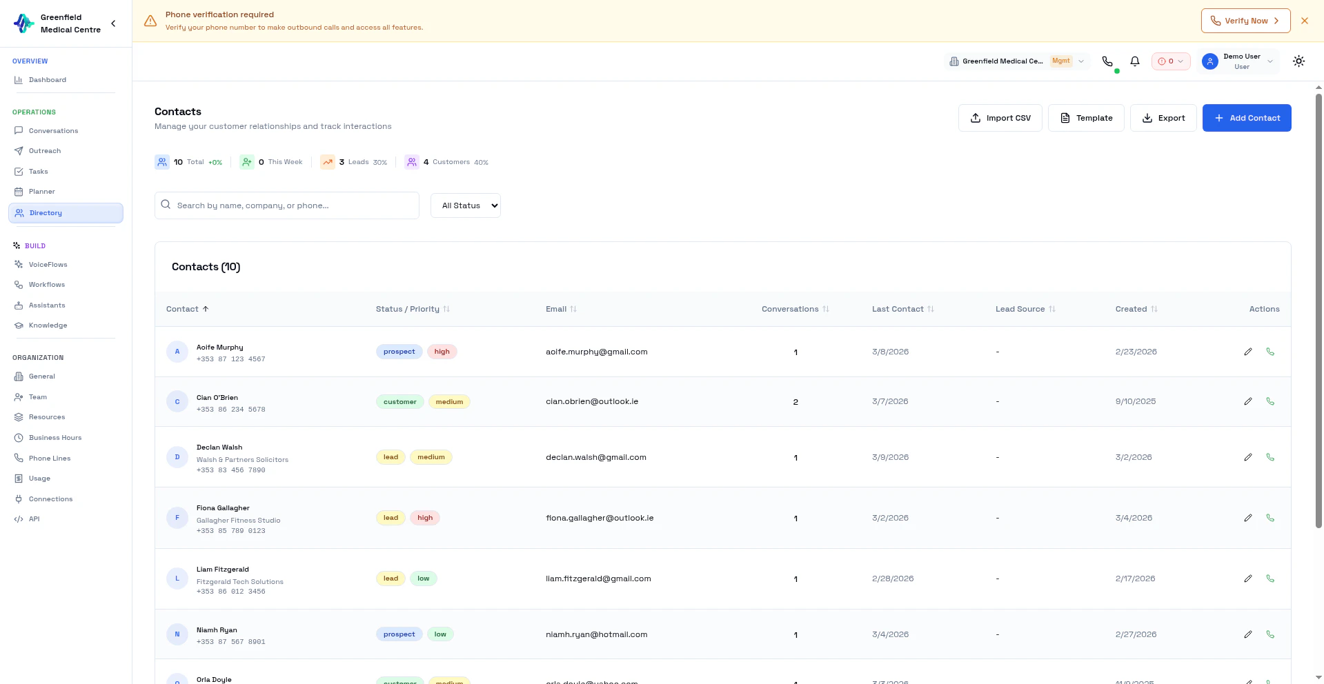 Directory page showing contact list with status and priority