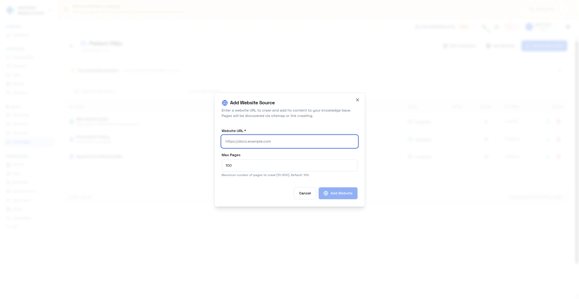 Add Website dialog — enter URL and set maximum pages to crawl