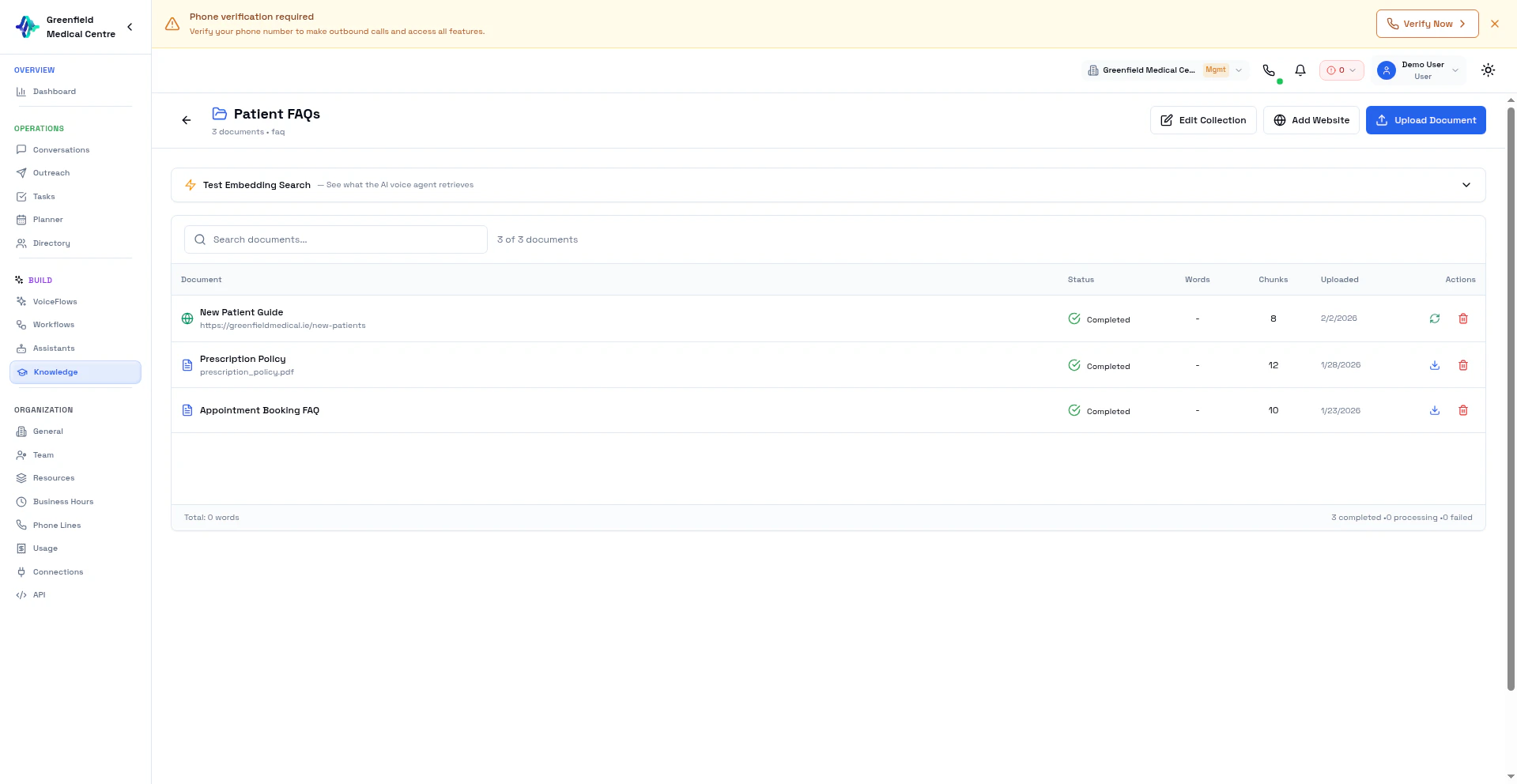 Knowledge collection detail showing documents, website sources, and management actions