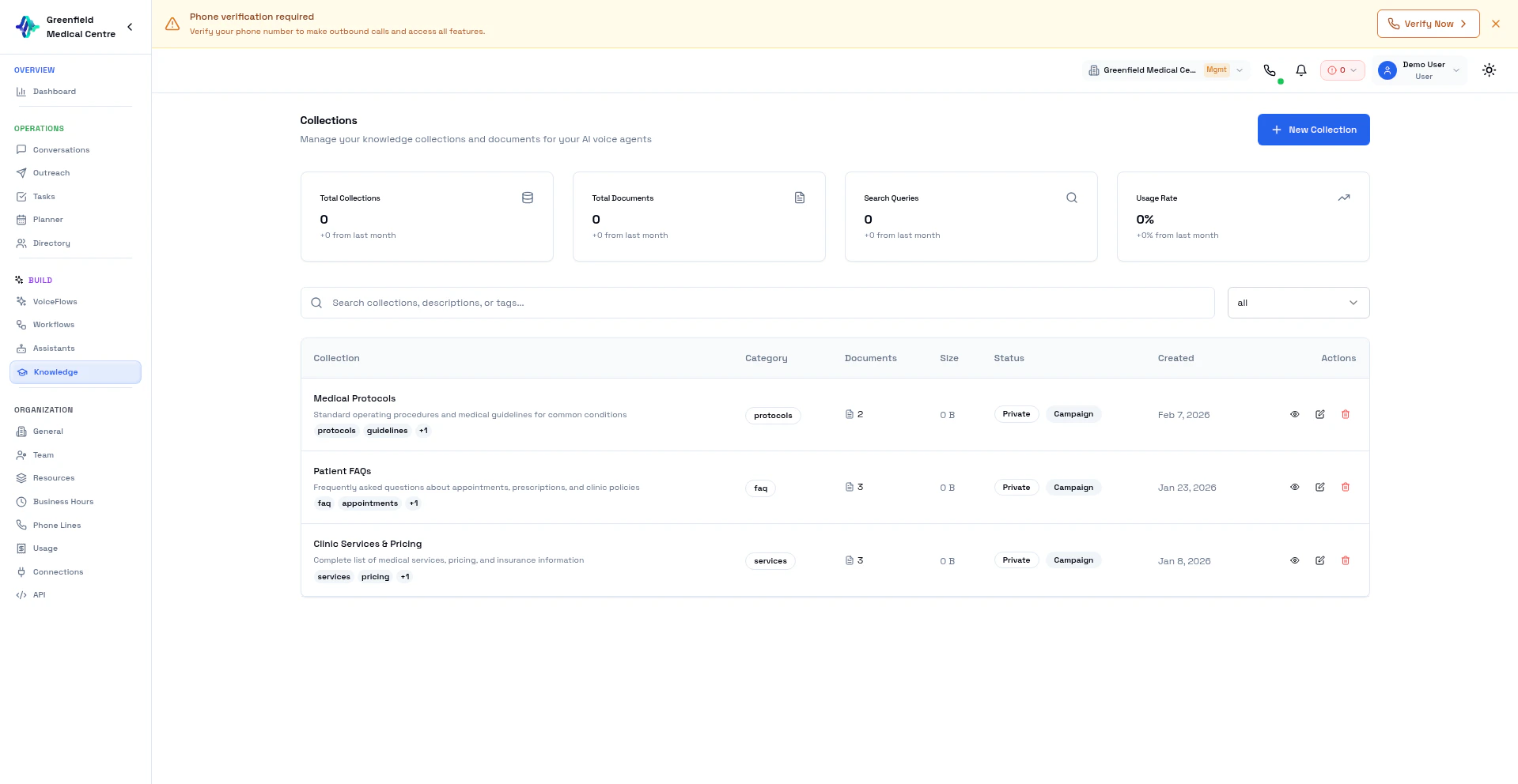 Knowledge Base page with document collections