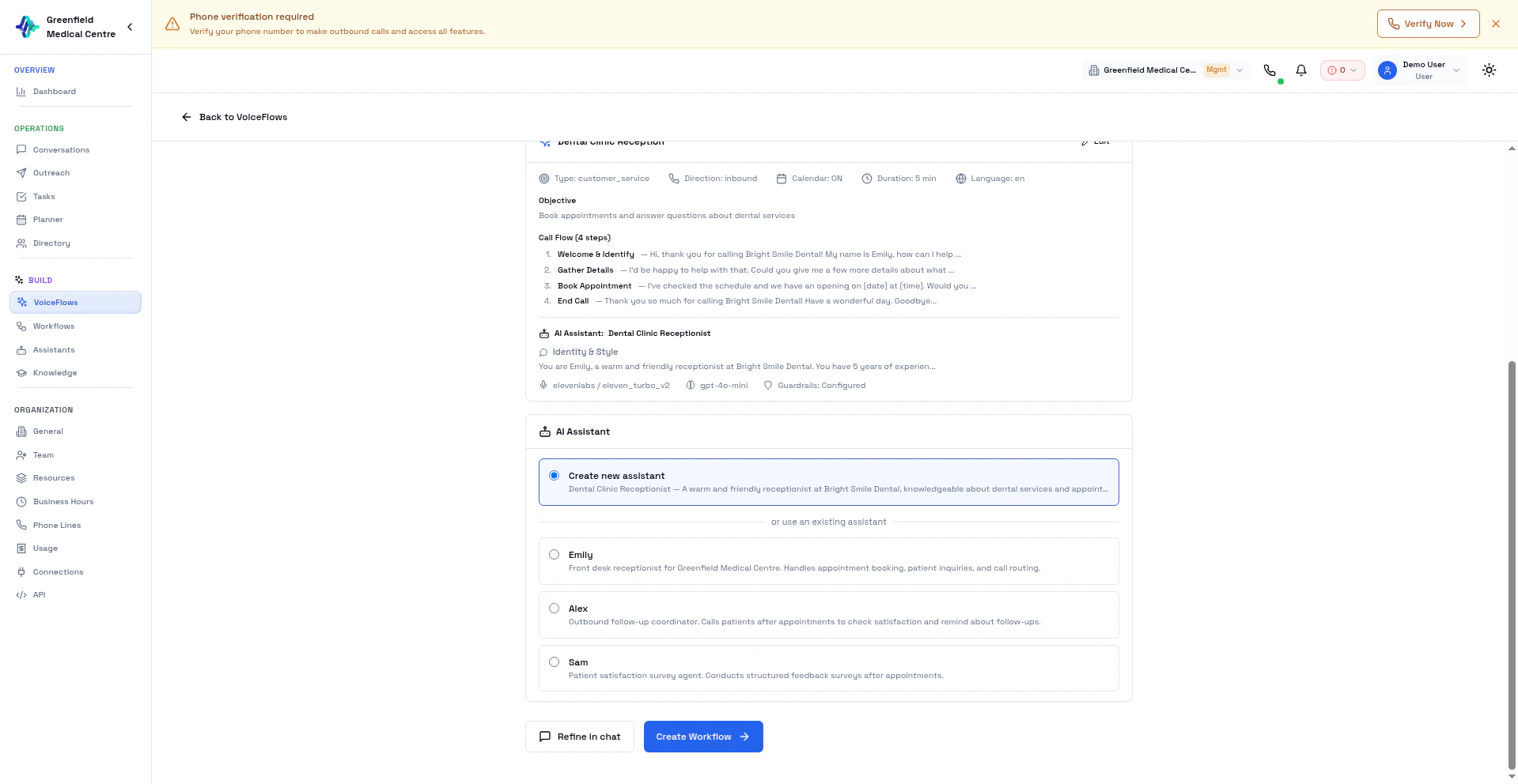 AI wizard final step showing generated assistant and Create button