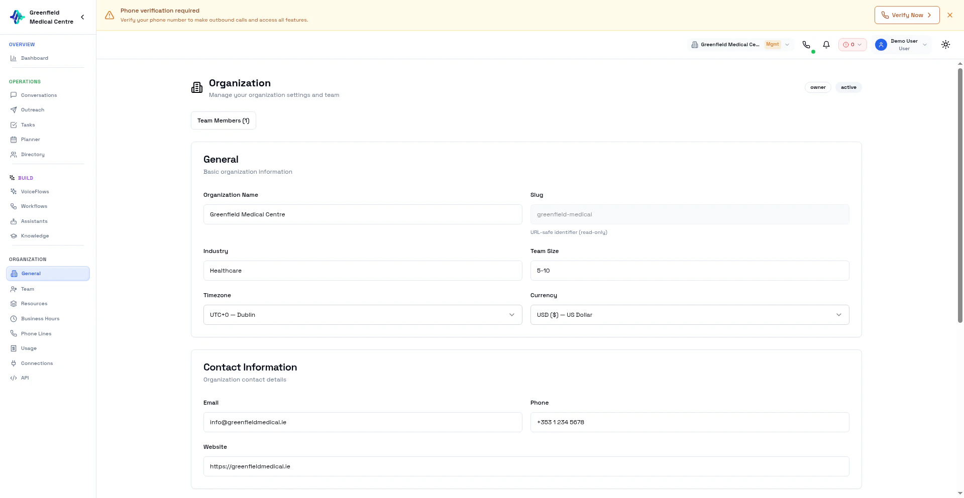 Organization Settings page