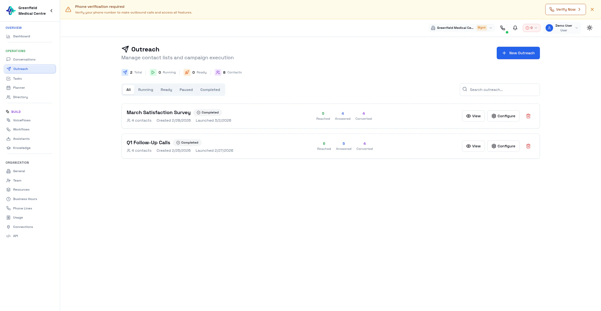 Outreach page for managing AI calling campaigns