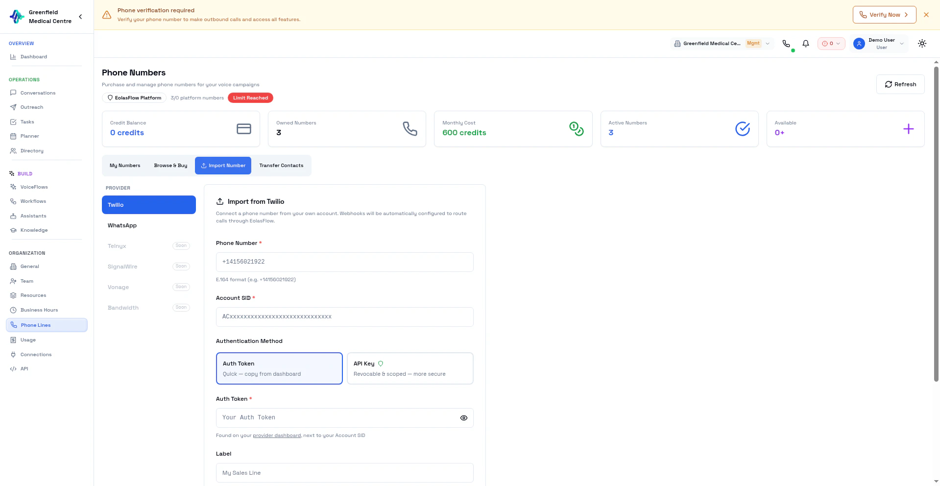 Import Number — Twilio provider form