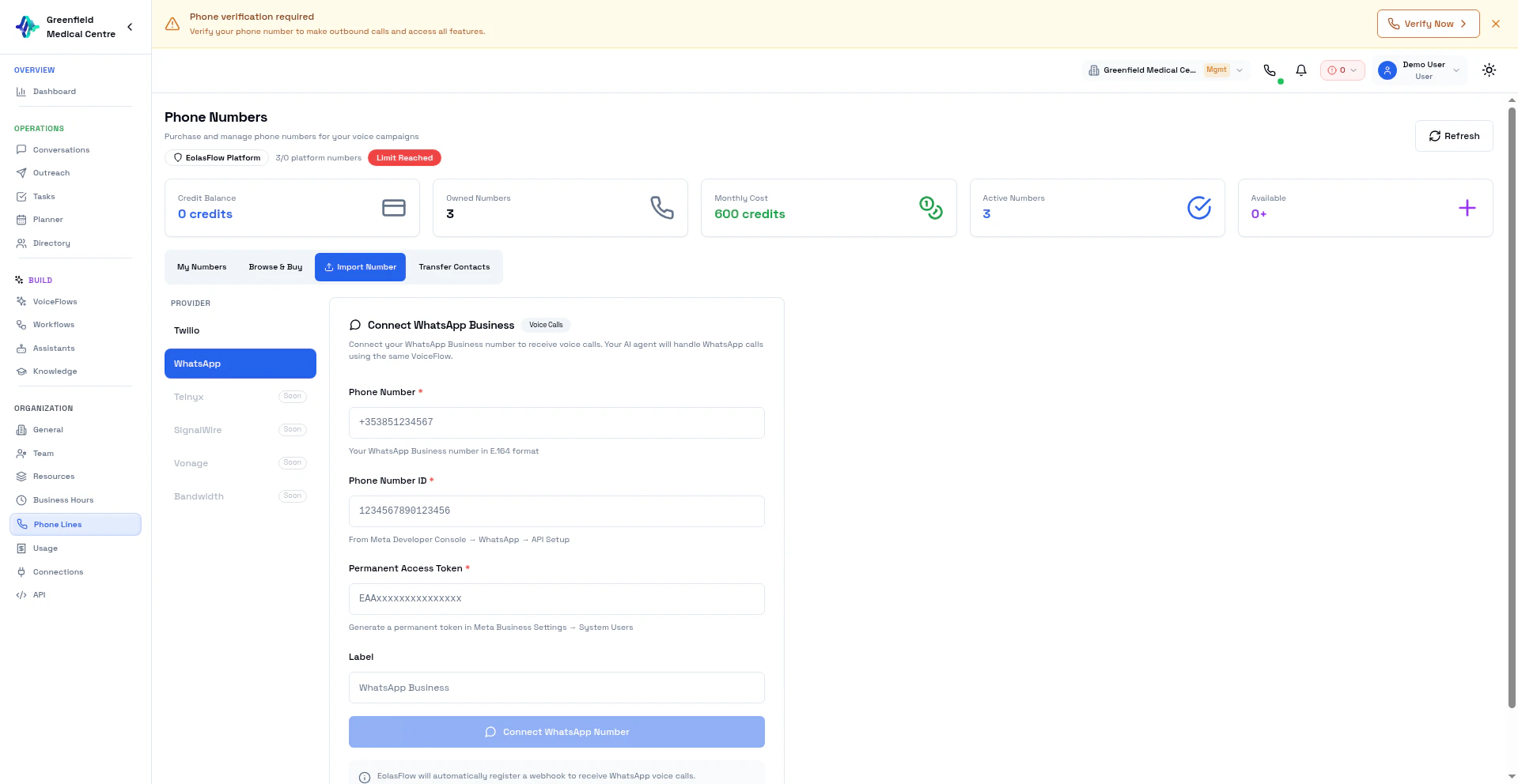 Import Number — WhatsApp Business provider form