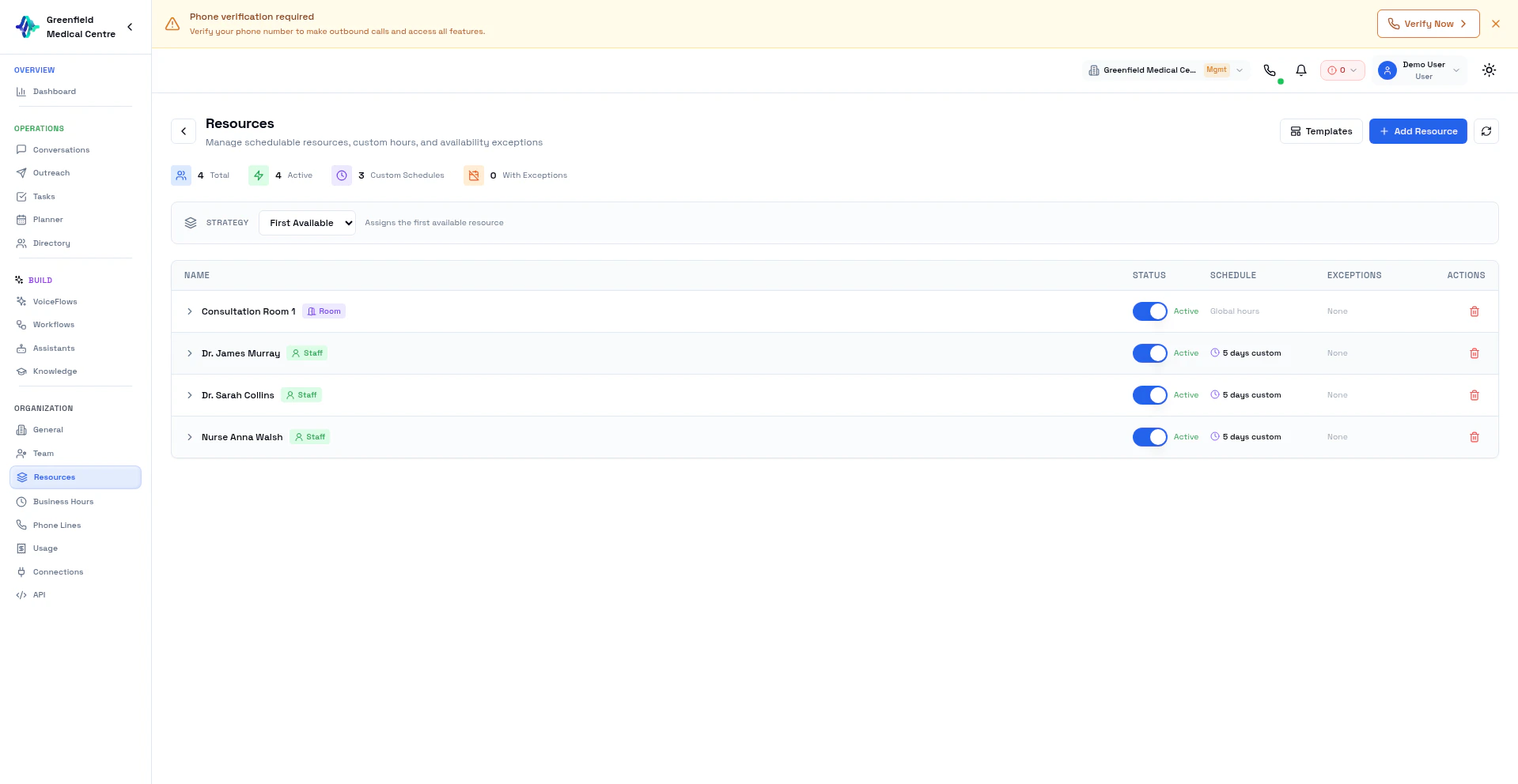 Resources page showing staff, rooms, scheduling strategy, and custom schedules