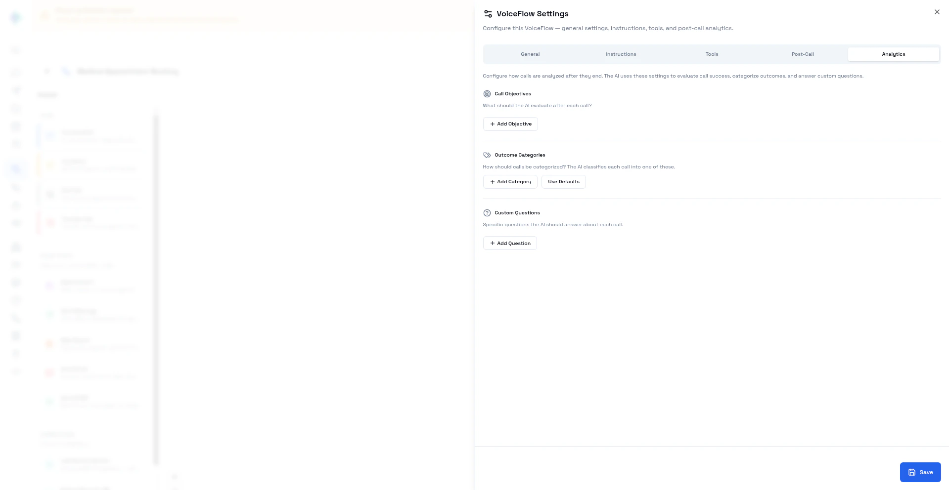 VoiceFlow Settings — Analytics tab with objectives and outcome categories