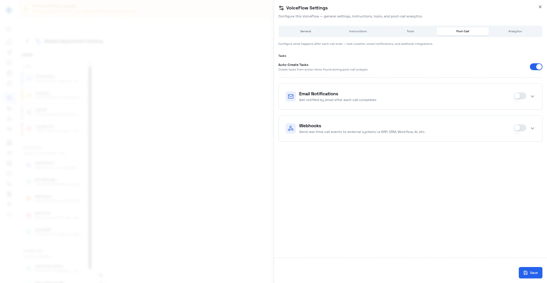 VoiceFlow Settings — Post-Call tab with tasks, email, and webhooks