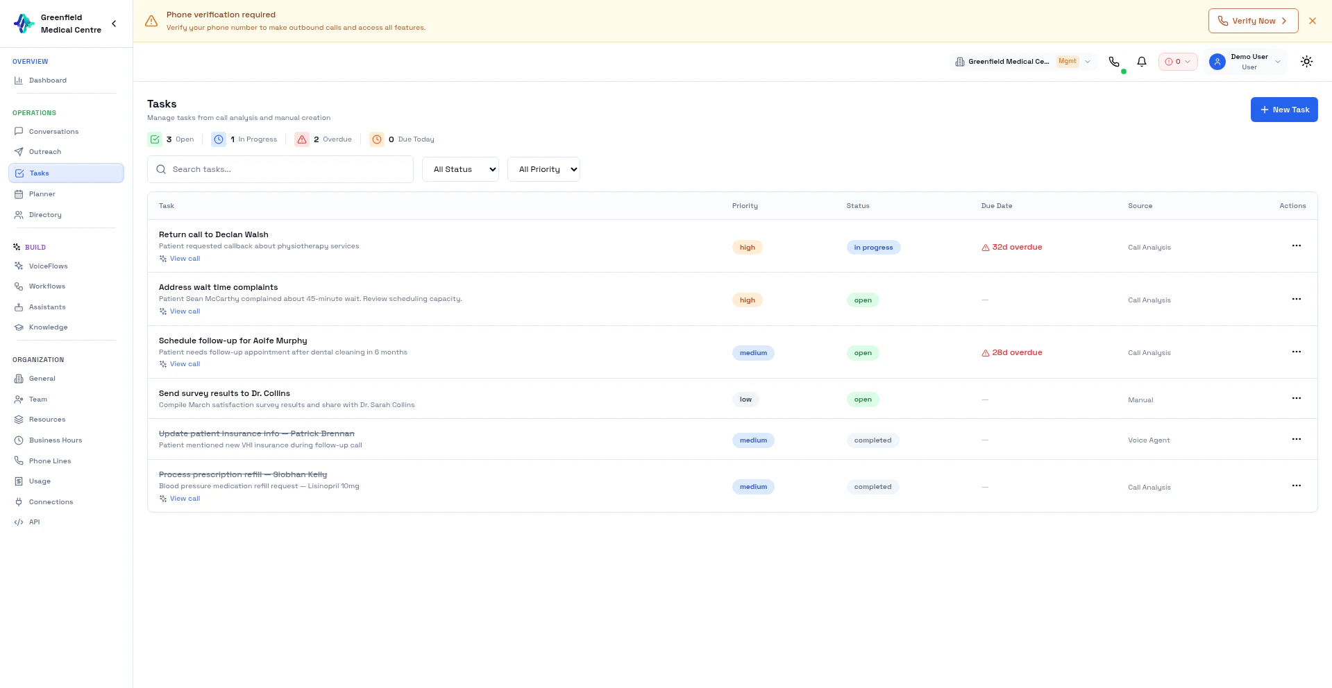 Tasks page showing AI-generated action items from calls